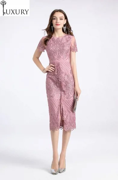 Женское коктейвечерние вечернее платье средней длины, 4XL, с круглым вырезом, аппликацией по всей поверхности, вышивкой и рюшами, лоскутное, розового и абрикосового цветов, лето 2020