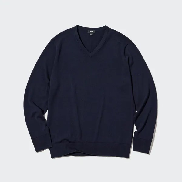 Джемпер из 100% очень тонкой шерсти мериноса с V-образным вырезом UNIQLO, темно-синий