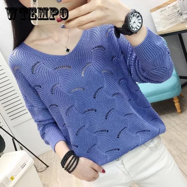 Женщины Свитерс Мода Случайный Чистый цвет Холлоу из Bat Рукав Loose Sweater Весна Осень Дамы Pullovers Топы Плюс размер