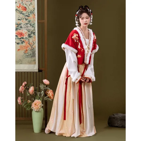 Набор зимних платьев ханьфу старой династии Тан, традиционная китайская женская куртка с пушистыми краями, белая рубашка, градиентные плиссированные юбки