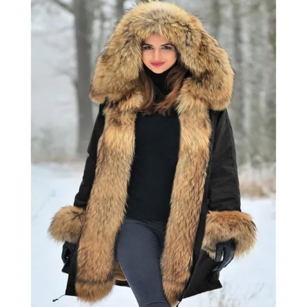 Парка Aofur Long Warm Winter Faux Fur Collar Qulited Women's, черный/бежевый