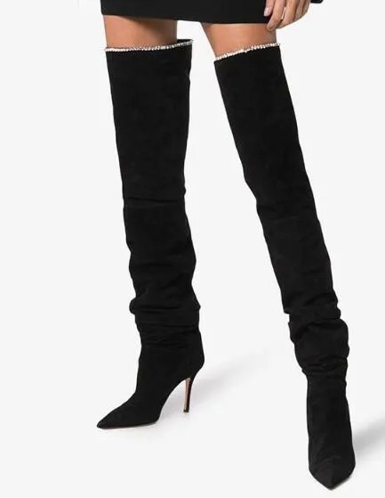 Дропшиппинг, осень 2018, женские Брендовые однотонные черные ботфорты с острым носком, без шнуровки, на тонком металлическом каблуке