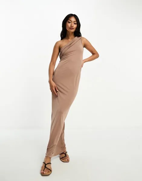 Коричневое платье макси из модала на одно плечо с драпировкой ASOS DESIGN