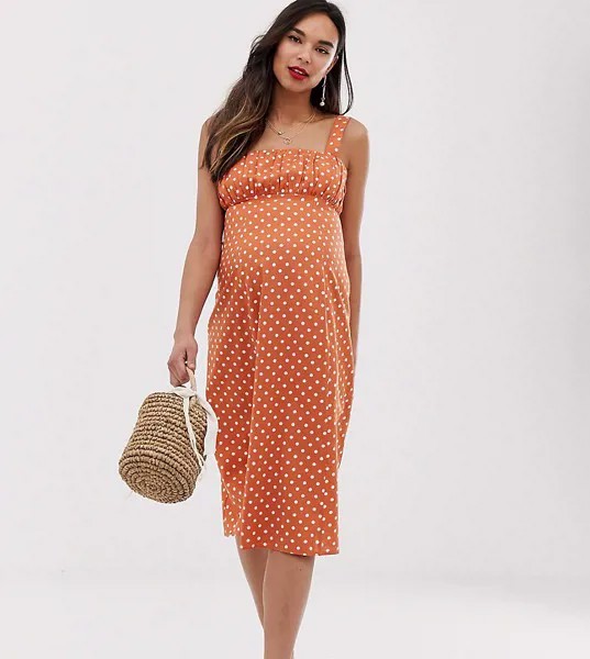 Сарафан миди в горошек цвета ржавчины со сборками на груди ASOS DESIGN Maternity-Мульти