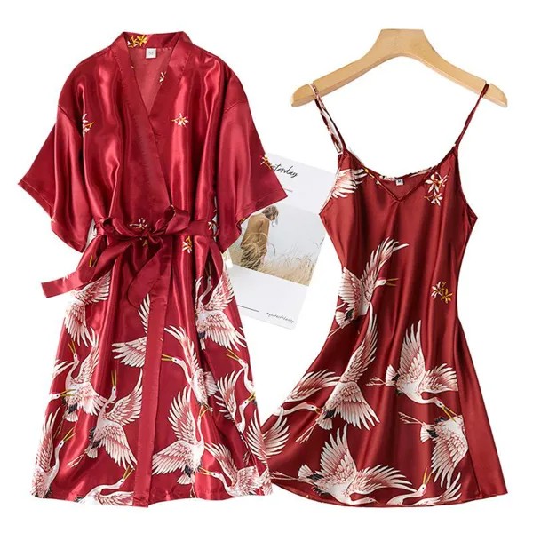 2 шт. Женский халат Комплект Сексуальное платье для сна Женская ночная рубашка Пижама с коротким рукавом Халат невесты