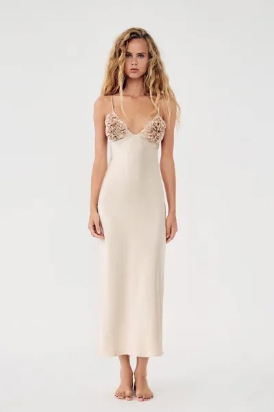 Атласное платье миди с орушами ZARA, песок