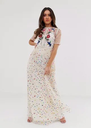 Платье макси в разноцветный горошек с вышитыми цветами и птицами Frock And Frill-Мульти