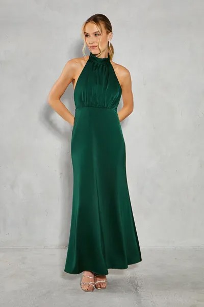 Атласное платье макси с лямкой на шее и косым вырезом для подружек невесты Oasis, зеленый