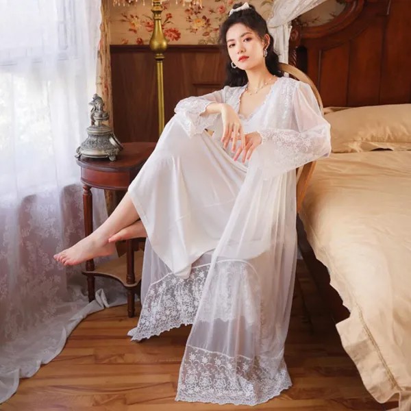 Tulin модное свадебное платье Женский пижамный комплект пеньюар длинный халат наборы для женщин хлопковая принцесса Ретро сетчатая Домашняя одежда белый