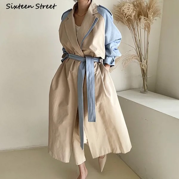 Женский Длинный плащ на шнуровке, элегантный утепленный Тренч цвета хаки в стиле пэчворк, уличная одежда, осень-зима 2023