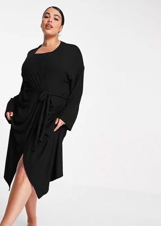Супермягкий халат миди черного цвета в рубчик для дома ASOS DESIGN Curve – «Выбирай и комбинируй»-Черный цвет