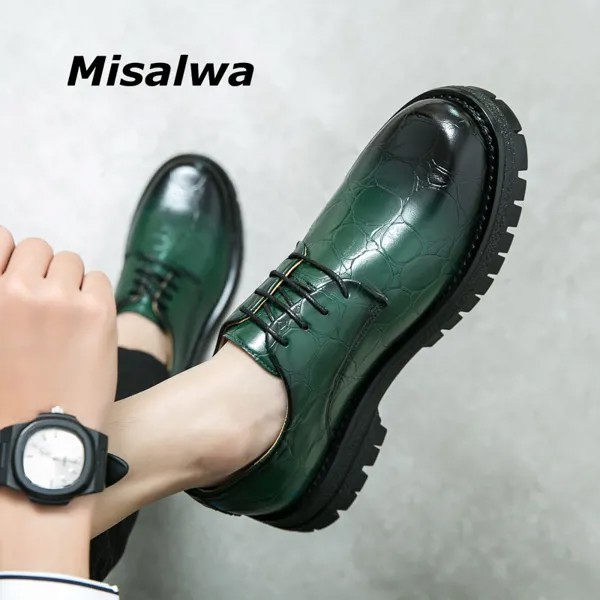 Кроссовки Misalwa мужские на среднем каблуке, Повседневная модная массивная обувь в британском стиле, с круглым носком, зеленые оксфорды