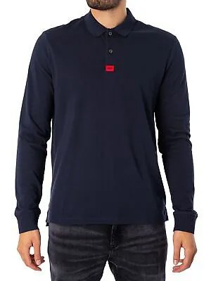 Мужская узкая рубашка-поло с длинными рукавами HUGO Deresolo, синяя