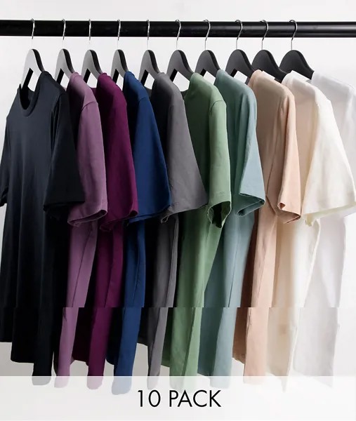 Набор из 10 разноцветных футболок из смесового органического хлопка с круглым вырезом ASOS DESIGN-Разноцветный