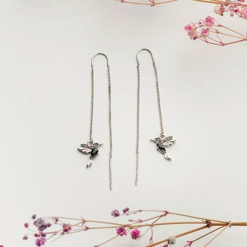Серьги цепочки CORDE, серебро, 925 проба, родирование, сапфир, фианит, размер/диаметр 14 мм, длина 7 см, синий, черный
