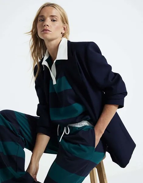 Зеленая футболка-поло в полоску River Island