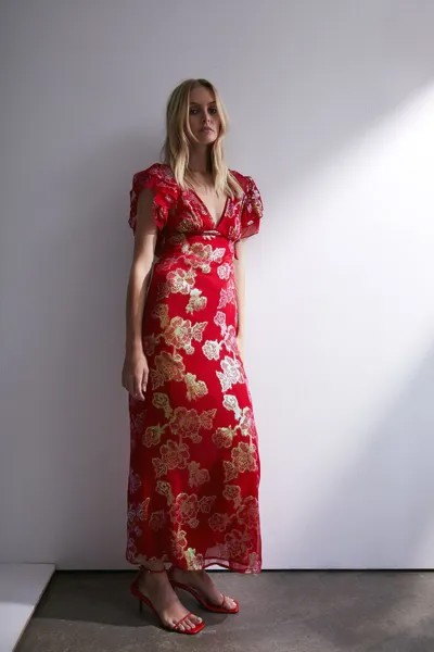 Платье миди с блестками и жаккардовыми рюшами и V-образным вырезом Warehouse, красный