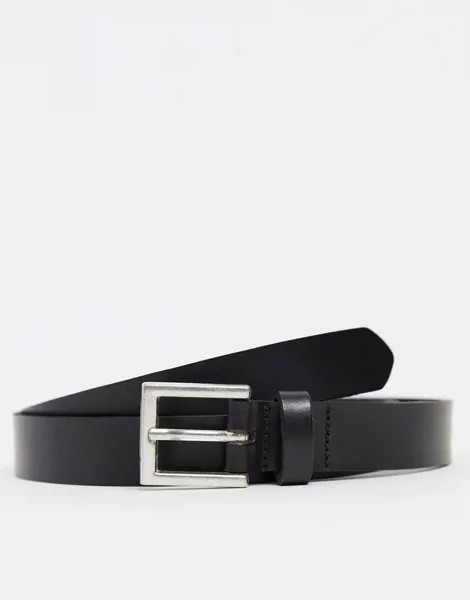 Узкий кожаный ремень черного цвета с серебристой пряжкой ASOS DESIGN-Черный цвет