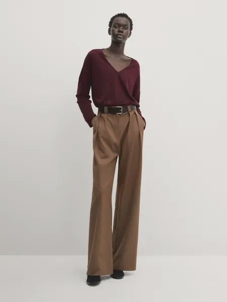 Трикотажный свитер из полушерсти с v-образным вырезом Massimo Dutti, бордовый
