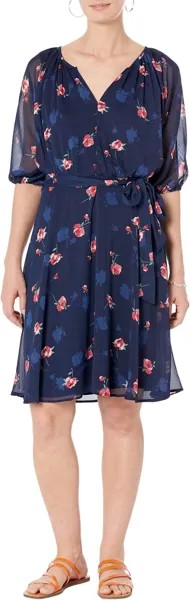 Платье с поясом и V-образным вырезом с пышными рукавами DKNY, цвет Shadow Floral 7858/Spring Navy/Melon Multi
