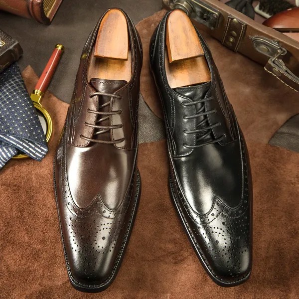 Мужские туфли оксфорды ручной работы Wingtip черные броги на шнуровке Европейский телячья кожа с острым носком натуральная кожа свадебные муж...