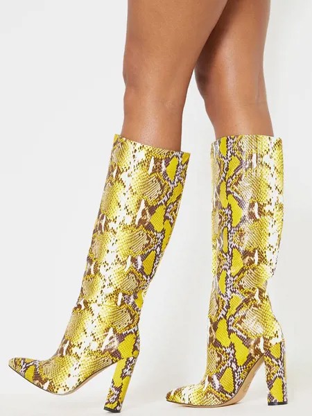 Milanoo Women's Python Chunky Heel Knee-High Boots in Yellow