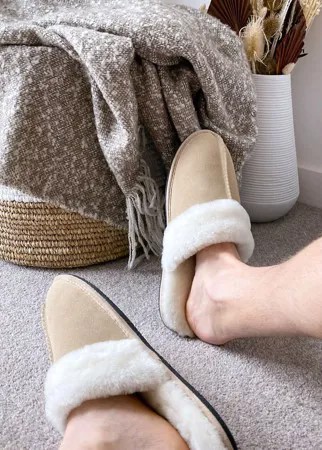 Бежевые премиум-слиперы из овчины ASOS DESIGN-Neutral