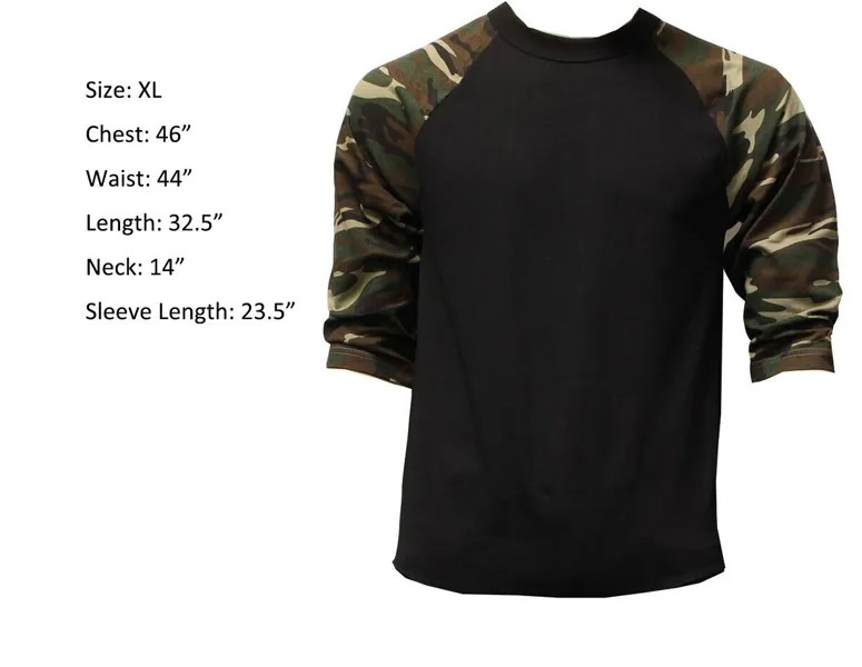 Простая футболка с рукавом 3/4, бейсбольная мужская футболка реглан, черная, зеленая, камуфляжная, XL