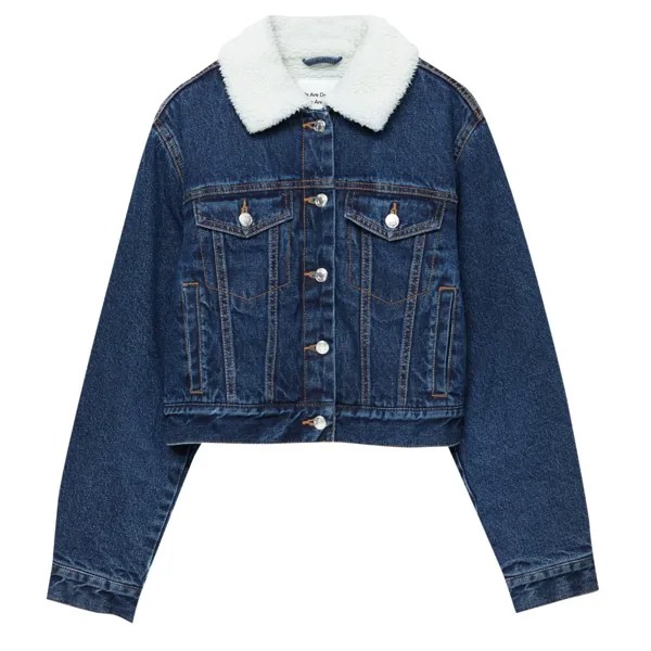 Джинсовая куртка Pull&Bear Cropped Denim With Faux Shearling Detail, темно-синий