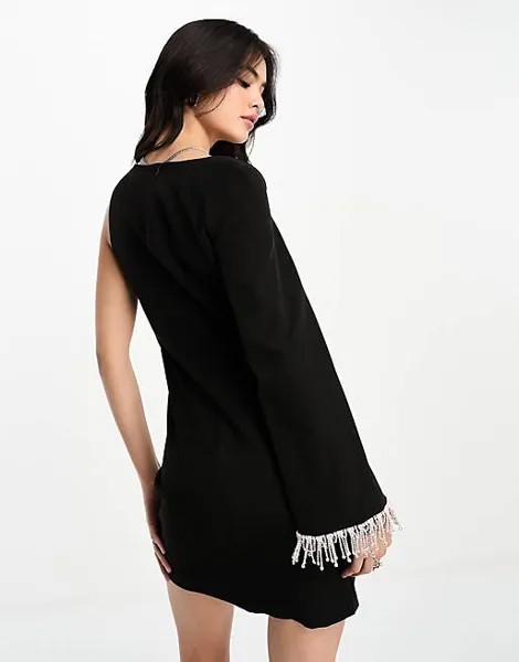 Черное мини-платье на одно плечо с декорированной драпировкой Extro & Vert
