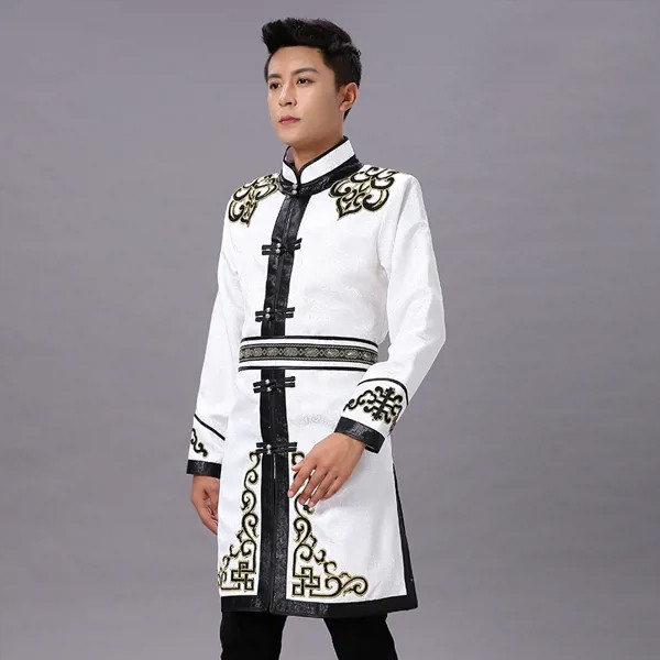 Монгольский мужской костюм, белый халат для взрослых, стоячий воротник, костюм Тан, верхняя одежда для монгольской верховой езды