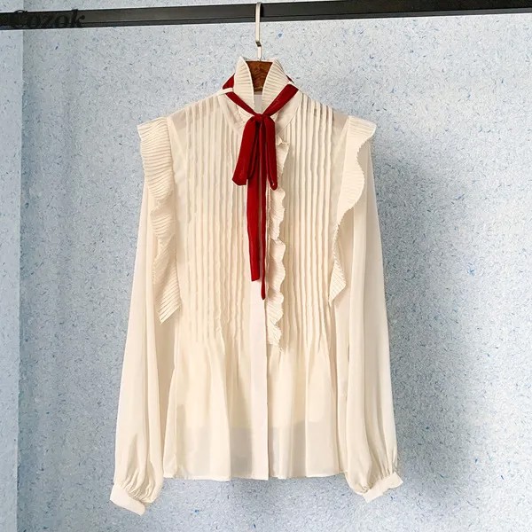 Женская блузка с оборками, Повседневная однотонная блузка в складку, корейская мода, модель 2021 года