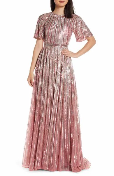 MAC DUGGAL 4913M Розово-розовое блестящее платье трапециевидной формы в полоску с металлическими блестками 18 США