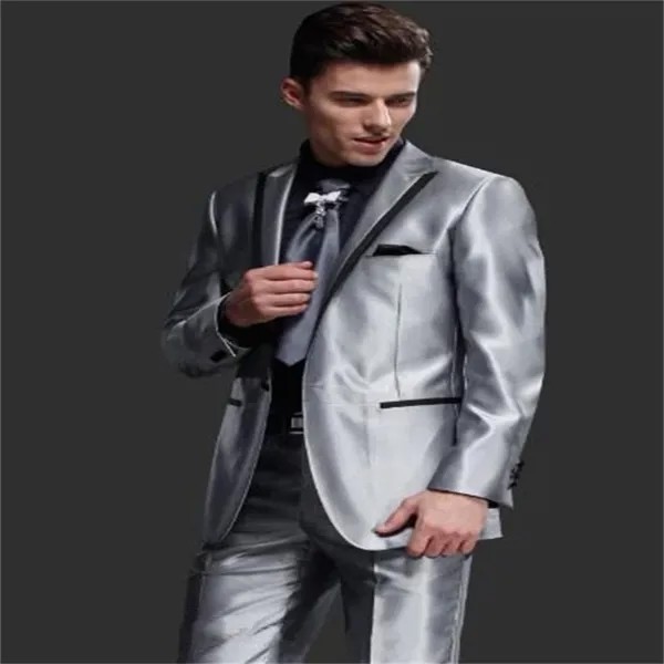 Новинка 2021, яркий серебристый модный мужской костюм с острым лацканом на одной пуговице, официальное платье, смокинг, приталенный силуэт, 2 п...
