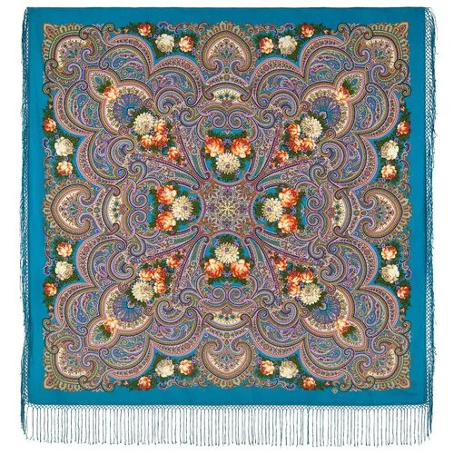 Платок Павловопосадская платочная мануфактура,135х135 см, голубой, оранжевый