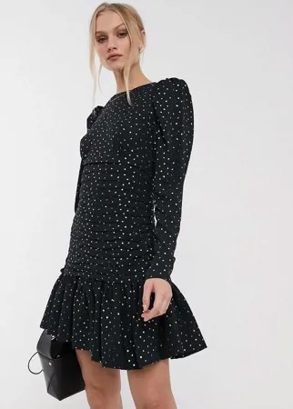 Присборенное платье мини в горошек пастельного оттенка Essentiel Antwerp-Черный