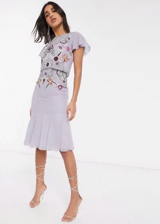 Лавандовое платье миди с баской Frock & Frill-Фиолетовый