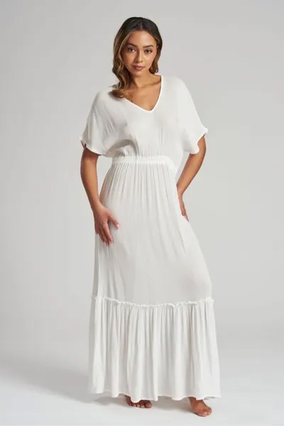 Пляжное платье-макси из ткани с рюшами South Beach, белый