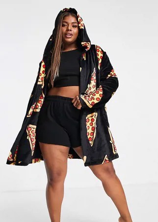 Супермягкий флисовый халат черного цвета с принтом пиццы ASOS DESIGN Curve-Черный цвет