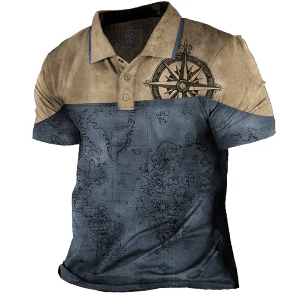 Мужская винтажная футболка-поло с принтом карты мира и компаса