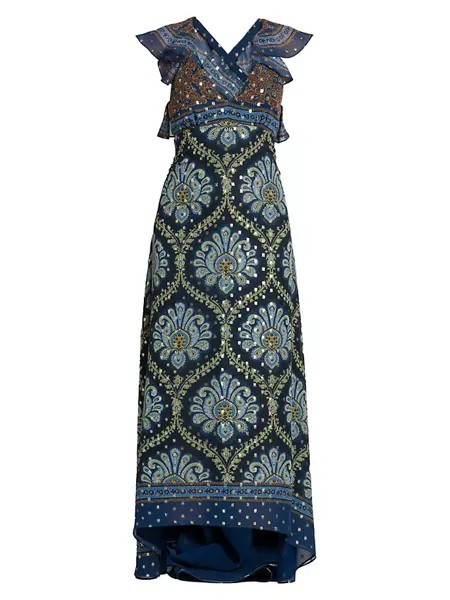 Платье макси из шелковой смеси с геометрическим узором Lotus и клипсой в горошек Etro, темно-синий