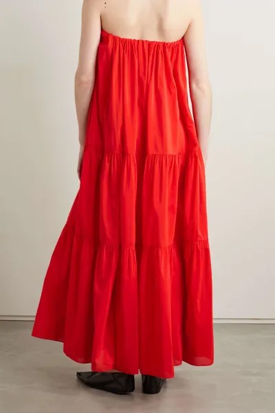 MATTEAU + NET SUSTAIN ярусное платье макси без бретелек из органического хлопка и поплина из смесового шелка, красный