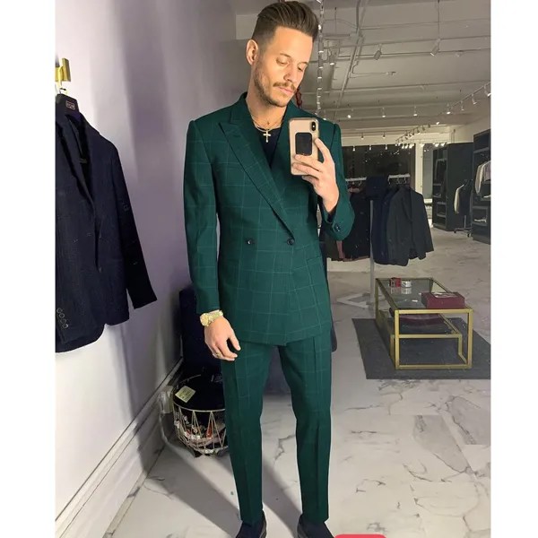 Темно-зеленые Damier двубортный мужские костюмы с остроконечным лацканом Slim Fit Двойка свадебный пиджак и брюки