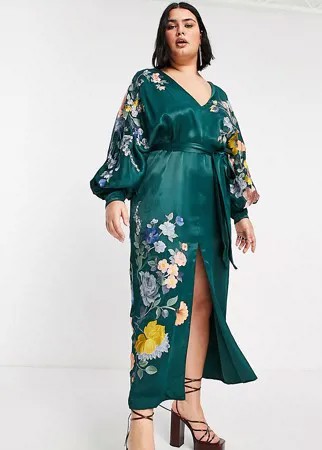 Хвойно-зеленое атласное платье миди с поясом и цветочной вышивкой ASOS EDITION Curve-Зеленый цвет