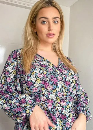 Фиолетовая блузка с объемными рукавами и цветочным принтом Vero Moda Curve-Фиолетовый