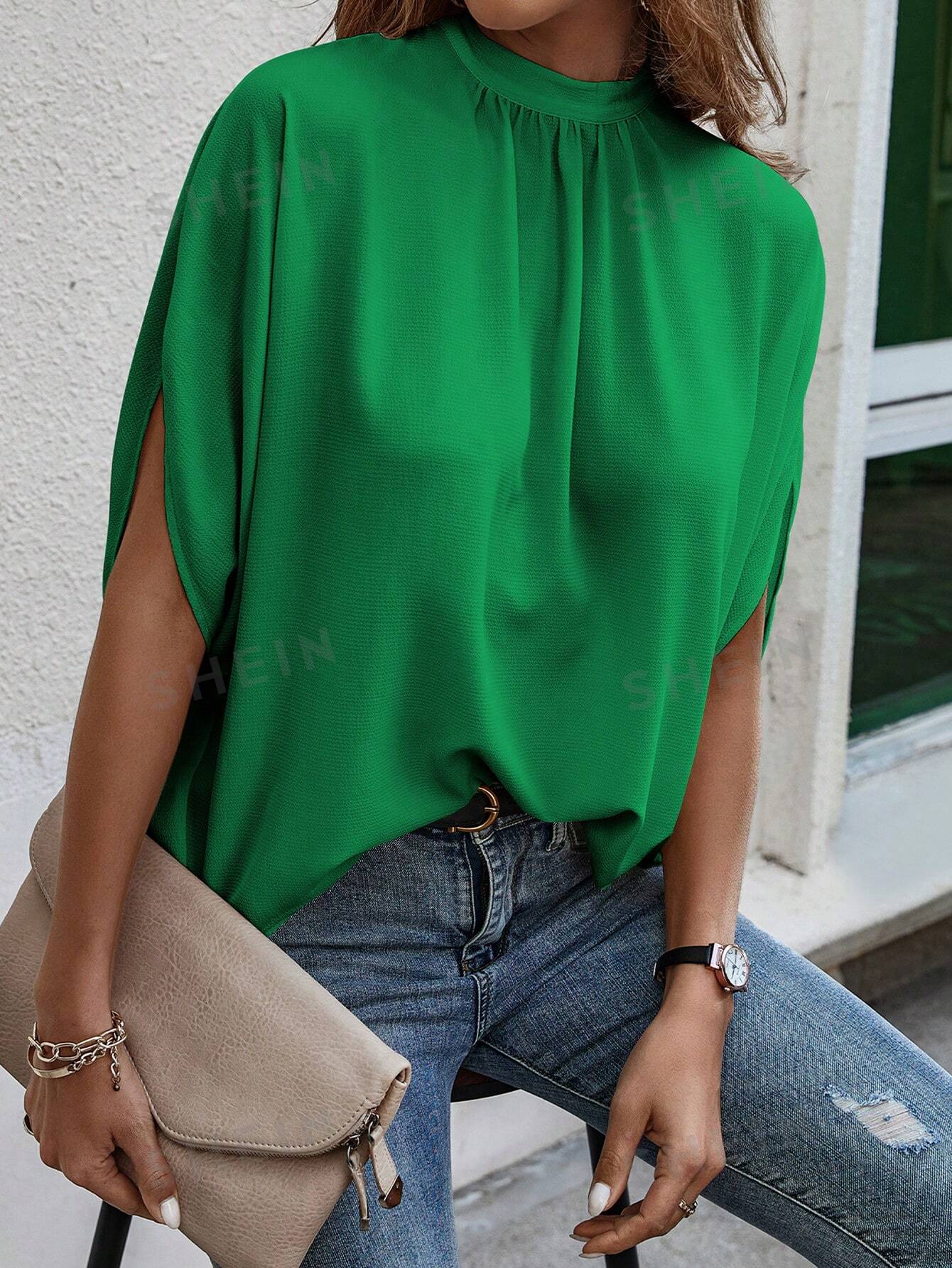 Женская однотонная рубашка с воротником-стойкой и половиной рукава, зеленый