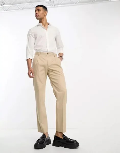 Selected Homme – элегантные брюки из смеси хлопка кремово-белого цвета со свободным кроем и складками спереди