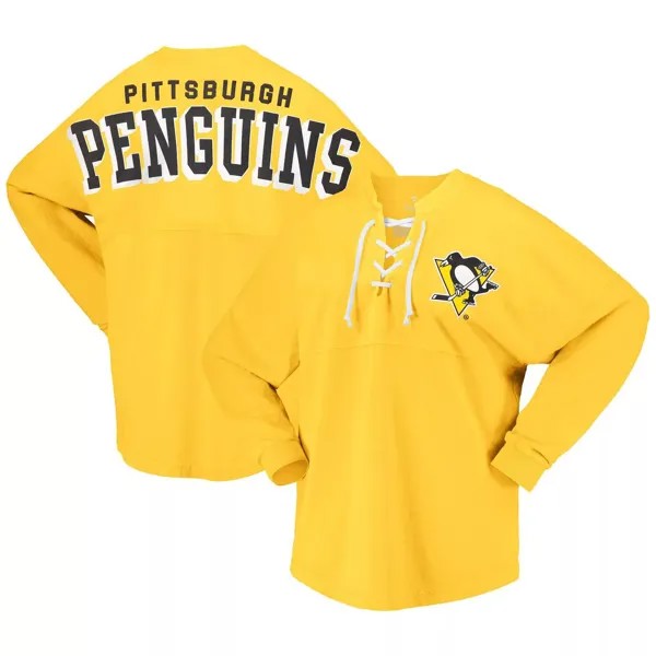 Женская футболка из джерси с длинным рукавом и v-образным вырезом на шнуровке Fanatics, золотая футболка с логотипом Pittsburgh Penguins Spirit Fanatics