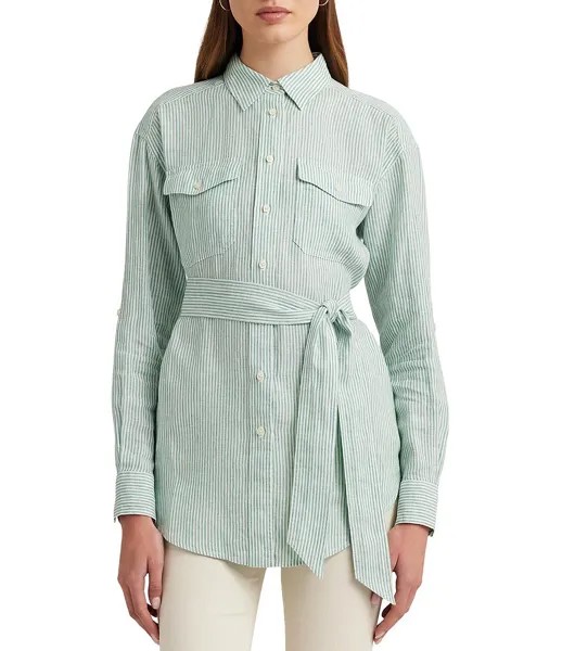 Lauren Ralph Lauren Petite Size Полосатая рубашка на пуговицах с поясом и острым воротником с длинными рукавами, зеленый