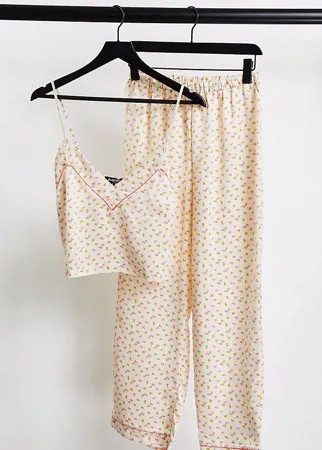 Атласный пижамный комплект кремового цвета из майки и штанов с цветочным принтом Loungeable Petite-Белый